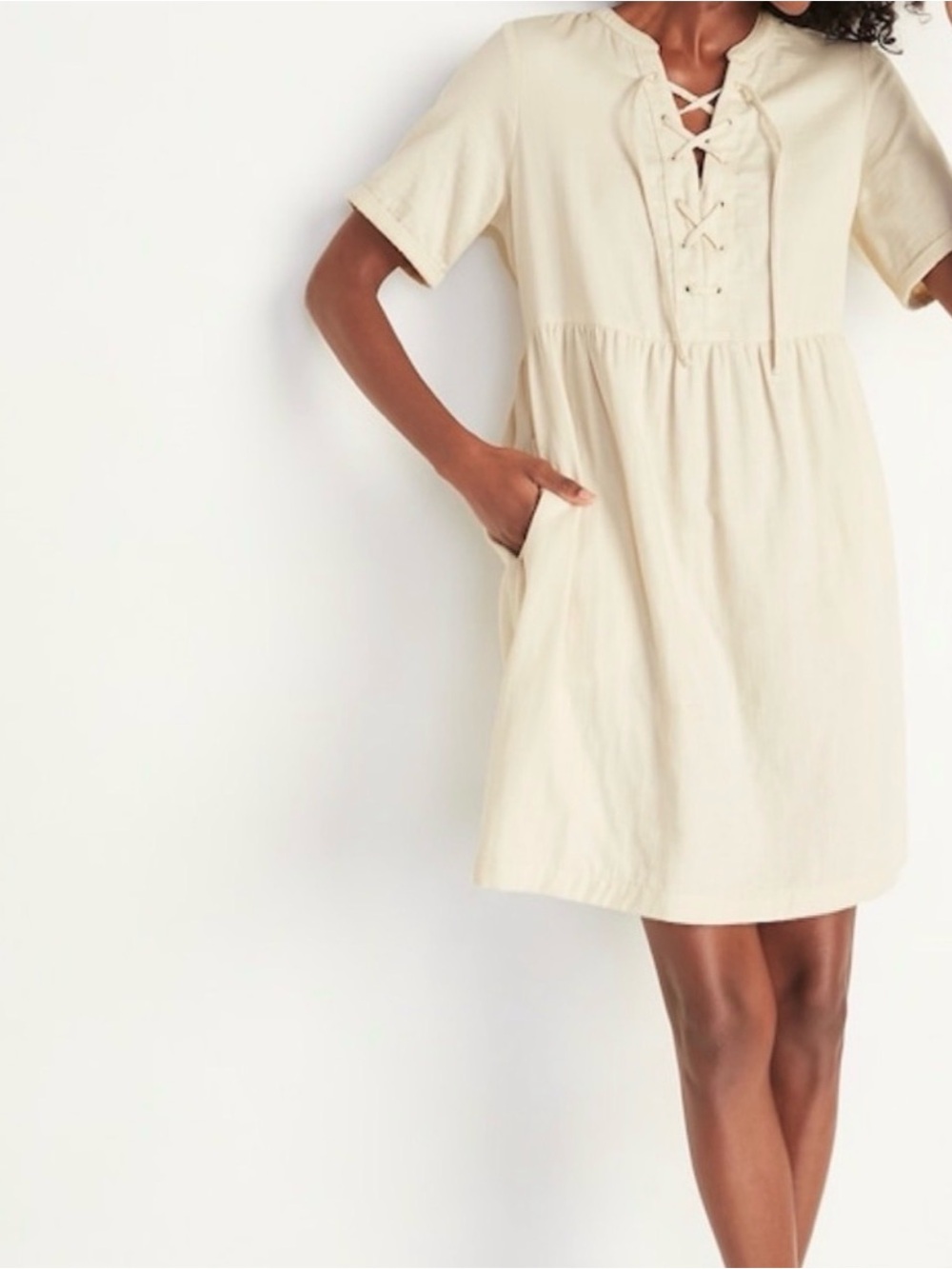 Old Navy Cream Lace-Up Short Sleeve Mini Dress
